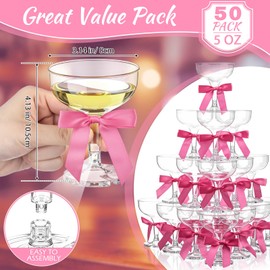 Zopeal Set of 50 Champagne Cocktail Glasses 5 oz with Hot Pink Bow Ribbon 2.8 inch Plastic Margarita Martini Glasses for Birthday Bachelorette Party Home Bar Wedding Champagne Towers