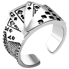 JewelryWe Vintage Poker Card Ring Spade Flush Chunky Flush Statement Band Adjustable Open Rings, Size 8-11