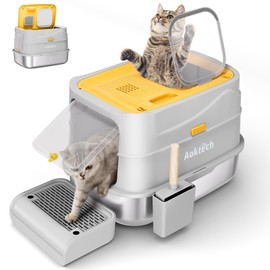 Extra Large Stainless Steel Litter Box with Lid & Scoop, Enclosed Metal Kitty Litter Box with Step, Front Entry Top Exit, Odor Control, Anti-Leakage, Non-Sticky, Easy Cleaning