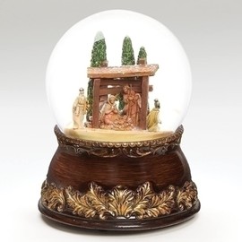 Roman 6.5" Brown and Gold Musical Nativity Dome Christmas Snow Globe Tabletop Decor