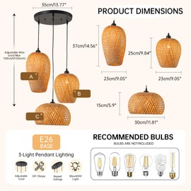 AOODU Rattan Pendant Light Bamboo Hanging Light 3-Lights Boho Pendant Light Fixture Woven Basket Wicker Shade Rattan Chandelier for Living Room Dining Room Kitchen