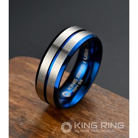 King Ring 8mm Flat Lines Ring – Ultra Polished Mens Ring with Two Matt Lines Stainless Steel Wedding Band K18 – Blue Silver 13