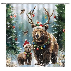HYKHYK Christmas Bear Shower Curtain Winter Pine Tree Forest Xmas Ball Funny Antler Cap Snowy Scene Rustic Holiday Bathroom Curtain Set with Hooks(70" WX70 H)