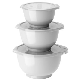 Rosti Margrethe Mixing Bowl Set, 6 Pieces with 3 Mixing Bowls and 3 Lids, Made of Recyclable Plastic, 0.25 Litres, 0.5 Litres and 0.75 Litres, White