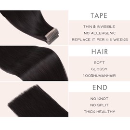 YDDM Tape-In Real Hair Extensions, 40 Pieces, 50 cm, 100 g, Natural Black Invisible Tape Extensions, Real Hair Tape Extensions, Skin Weft Hair Extensions (20 Inches, 1B)