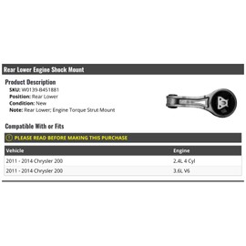 Marketplace Auto Parts Rear Lower Engine Torque Strut Mount - Compatible with 2011-2014 Chrysler 200