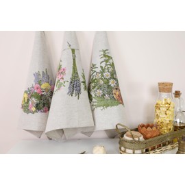 textile idea - Set of 3 Half-Linen Tea Towels 46 x 60 cm, Kitchen Towels, Small Hand Towels 60% Linen, 40% Cotton, Hand Towel with Hanger - Herbs, Pack of 3