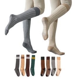 FOX-TECH Yoga Socks, Non Slip Socks Womens, Pilates Socks, Barre Socks, Hospital Socks, Yoga Socks with Grips 2 Pairs (Vertical Stripes (Beige/Gray))
