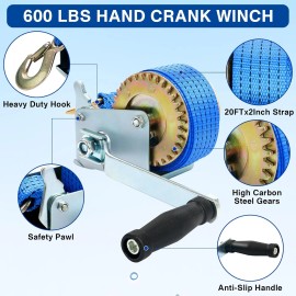 8milelake 600LBS Heavy Duty Hand Winch Steel Cable Crank Strap for ATV Trailer Boat Truck