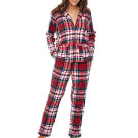 Alexander Del Rossa Women's Soft Warm Fleece Pajamas Plush Lounge Set, Long Sleeve Top and Pants, PJ Red Christmas Plaid Medium (A0324W72MD)