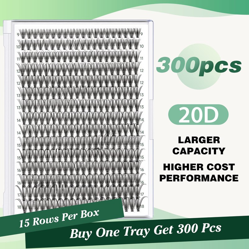 KEYYOU Eyelash Extensions, 300 Pieces, Cluster Lashes, 20D D Curl,