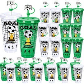 Natonhi 24 Pack Soccer Cups with Lids and Straws - 24oz Reusable Plastic Tumblers with Straw Cover Caps - White & Green - for soccer Party Favors, Soccer Team Gifts, Sports Theme Decor