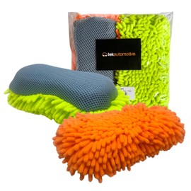 Tek Automotive Twin Pack 2-in-1 Wash Pads – Car Jumbo Microfibre Noodle & Mesh Cleaning Sponges – Large Non Scratch Vehicle Accessories for Washing, Detailing & Bug Removal