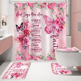 Litabel 4 Pcs Pink Butterfly Inspirational Quotes Shower Curtain Set with Rugs and Toilet Lid Cover, Colorful Boho Waterproof Fabric Bathroom Set, Bible Verse Floral Bathroom Decor Set Accessories