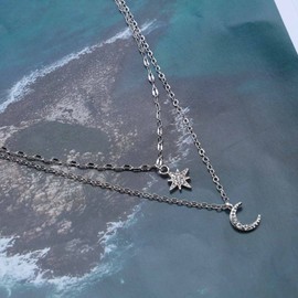 Erimberate Bohemian Layered Crystal Star Choker Necklace Sliver Crescent Moon Pendant Necklace Cz Starburst Collar Necklace Rhinestone Star Necklace Jewelry for Women and Girls Gifts
