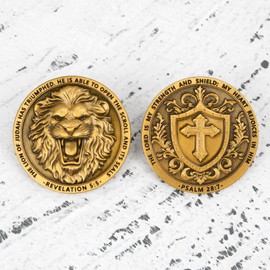 Lion of Judah Challenge Coin - 5-Pack Religious Coins with Bible Verses, Shield and Cross Design, Inspirational Faith Gift, Includes Clear Acrylic Cases for Display and Protection