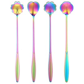Flower Spoon Set Rainbow Stainless Steel Reusable Long Spoons Cute Spoons for Coffee Mixing Ice Cream Spoon Drink Mixing (4Pcs)