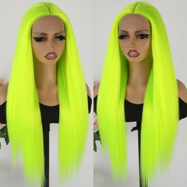 Maycaur Green Lace Front Wigs Long Straight Hair 24 Inch Lime Green Color Wigs for Fashion Women Glueless Synthetic Lace Front Wigs with Natural Hairline