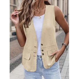 Mina Self Linen Vest Tops For Women Sleeveless 2025 Summer Lightweight Beige Business Casual Women's Outerwear Work Office Cute Fashion Trendy Women's Jackets Waistcoat YR016 Beige M