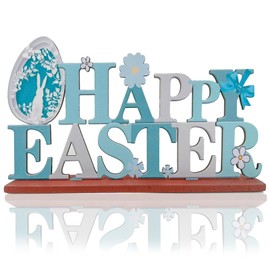 BOOSHMall Decorative Stand for Easter, Easter Lettering Stand, Wooden Easter Decoration, Happy Easter Lettering with Easter Egg Flowers, Table Decoration and Room Decoration for Easter Time