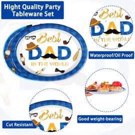 Grencian 50Pcs Fathers Day Decorations Happy Father Day Oval Paper Plates Large 10" X 12" Disposable Father Day Party Plates Tableware Set for Father's Day Best Dad Party Dinner Decorations