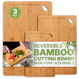 Bamboo Cutting Boards Set of 3 – Durable Wooden Chopping Boards for Kitchen with Deep Juice Grooves – Non-Toxic, Knife-Friendly Bamboo Charcuterie Boards for Meat, Vegetables & Fruits