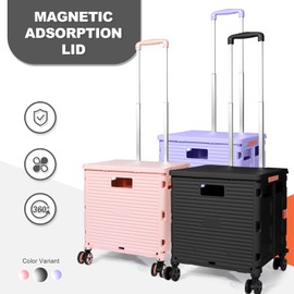 Foldable Utility Cart Collapsible Portable Tool Cart with Wheels Tote Basket,176LBS Load Capacity,Magnetic Lid Telescopic Cover with 360° Wheels Telescoping Handle for Grocery Laundry Luggage,Black