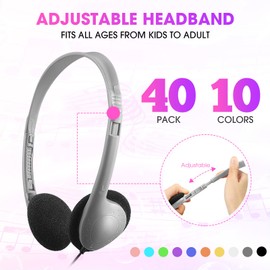 40 Pack Bulk Kids Headphones Multi Color Classroom Wired Headphone Comfortable Adjustable on Ear Student Headphone with 3.5 mm Headphone Plug for Boy Girl Student Museum Travel Plane Tablet, 10 Colors