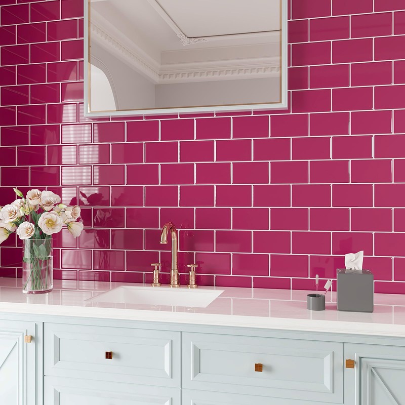 VEELIKE 6 Sheets Berry Pink Subway Tile Peel and Stick