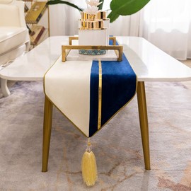 Avigers 12 x 90 Inch Decorative Luxury Navy Blue White Gold Leather Striped Patchwork Velvet Table Runners with Tassels for Home Living Room Bedroom Art Decor Wedding