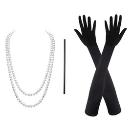 VIKSAUN 3 Pieces 1920 Accessories Set, Pearl Necklace, Black Holder, Long Gloves, Ladies Charleston Fancy Dress, Great Gatsby Accessories, Vintage Fancy Dress for Women