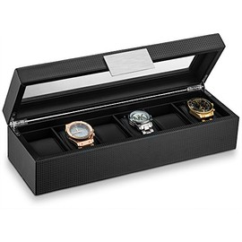 Glenor Co 6 Watch Box for Men - Mens Watch Case w Glass Lid - Luxury Carbon Fiber Design Mens Watch Box - Watch Holder for Men w Metal Accents & Sturdy Hinges - Modern & Masculine Watch Display Case