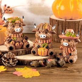 Foilswirl 3 Pcs Fall Highland Cow Figurines Fall Pumpkin Highland Cow Table Decoration Autumn Resin Scottish Calf Statue for Thanksgiving Home Kitchen Office Tiered Tray Decors Calf Lovers Gifts