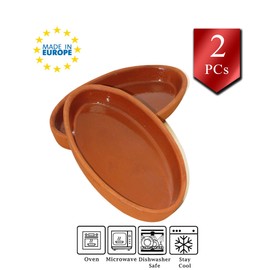 Handmade Oval Clay Pan Set of 2, Terracotta Pots for Cooking Fishes, Meat, Vegetables, Traditional Earthenware Portuguese Pottery Cookware, Glazed Inside (LARGE 6.2 x 11.3 in)