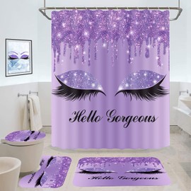 GURETER Purple Pretty Eyelash Shower Curtain Set, 4PCS Hello Gorgeous Luxury Glitter Bathroom Sets with Shower Curtain and Rugs, Toilet Lid Cover, Bath Mat and U Shaped Rug, 12 Hooks, SETLSGU7