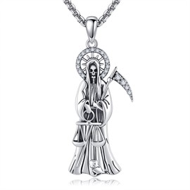 Santa Muerte Necklace Sterling Silver Cadena De la Sannta Muerte Grim Reaper Jewelry Gift for Men