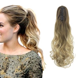 iLUU 24" One Piece Curly Wavy Claw Clip in Ponytail Hairpieces Thick Pony Tail Heat Resistent Synthetic Fiber Ponytail Hair Extensions for Cosply Party Daily Easy Use (130g,Blonde Highlights)