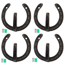 LWJWCDS 4-Piece Cast Iron Western Vintage Single Horseshoe Hooks - Vintage Horse Shaped Coat Rack - Can Hang Jackets, Backpacks, Keys and Wallets（Dark Brown）