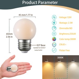 2.5W G14 LED Light Bulb,25W Equivalent E26/E27 Base 120V Vanity Light Bulbs Small Globe Night Light Bulbs for Ceiling Fan,Table Lamp, Bedside lamp,Chandelier, Appliances, Pack of 2 (3000K)