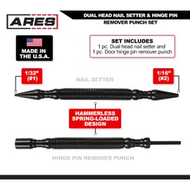 ARES 10012 – 2-Piece Dual Head Nail Setter & Hinge Pin Remover Punch Set – Nail Setter Features 1/32-Inch (#1) and 1/16-Inch (#2) Dual Head Design – CNC-Precision Machined - 5000 PSI Striking Force