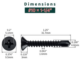 #10 x 1-1/4" Flat Head Self Drilling Screws (50 pcs), 410 Stainless Steel, Phillips Drive #2, Black Oxide Coated Flat Head Self Tapping Screws, Fayeploo (with Phillips Driver Bit)
