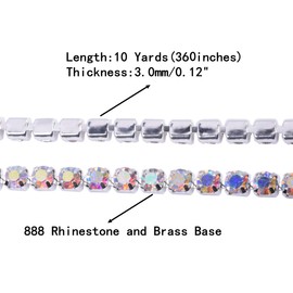 (SS12/3.0mm, Silver with AB Beads) - KAOYOO 1 Roll 10 Yards Crystal Rhinestone Close Chain Trim, SS12/3.0mm, Silver Chain with AB Crystal Beads
