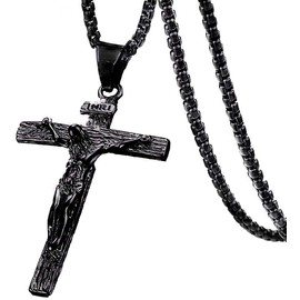 Axmerdal Stainless Steel Cross Necklace Jesus Christ Crucifix Cross Lord's Prayer Pendant for Men&Women 24 iNCH BOX CHAIN (black)