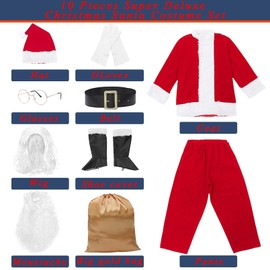 10 Pcs Luxury Christmas Santa Costume Adult Mens Vintag Red Plush Santa Suit Santa Claus Outfits with Gift Bag X-Large