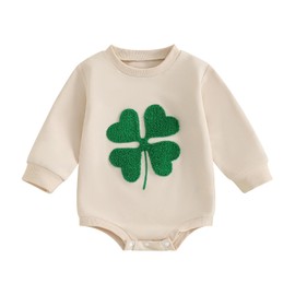 Gueuusu Baby Boy Girl St Patrick's Day Outfit Lucky Clover Long Sleeve Bubble Romper Sweatshirt One Piece Sweater Bodysuit (D-Beige, 12-18 Months)