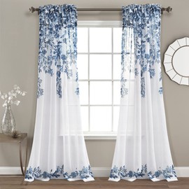 Lush Decor Tanisha Curtains - Sheer Window Panel Set - Floral Vine Print, Beautiful, Modern, Elegant Home Decor - 38" W x 84" L, Navy & White