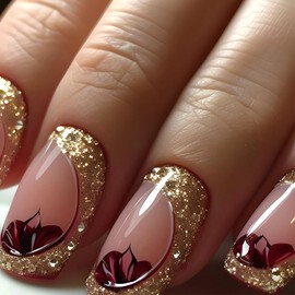 French Tip Press on Nails Medium Square Fake Nails with Stamens Designs Gold Glitter False Nails Glossy Glue on Nails Full Cover Large Stick on Nails for Women Valentines Acrylic Nail Kit 24 Pcs