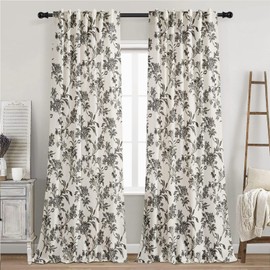WOUVMA Black Floral Curtains French Country Curtains 84 inch Length Light Filtering Living Room Curtains Pattern Print Neutral Linen Curtain Vintage Bedroom Decor Set 2 Panels