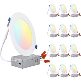 TORCHSTAR 12-Pack 5CCT 6 Inch Ultra-Thin LED Recessed Lighting with Junction Box, CRI90, Aluminum, 2700K3000K3500K4000K5000K, 5%-100% Dimmable Slim Recessed Downlight, 12W 1000LM, ETL & ES