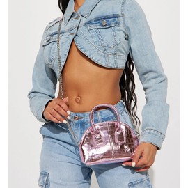 Ophlid Metallic Mini Silver Crossbody Purse for Women Pink Cute Small Top Handle Purses Shiny Chain Bag Handbag Pink